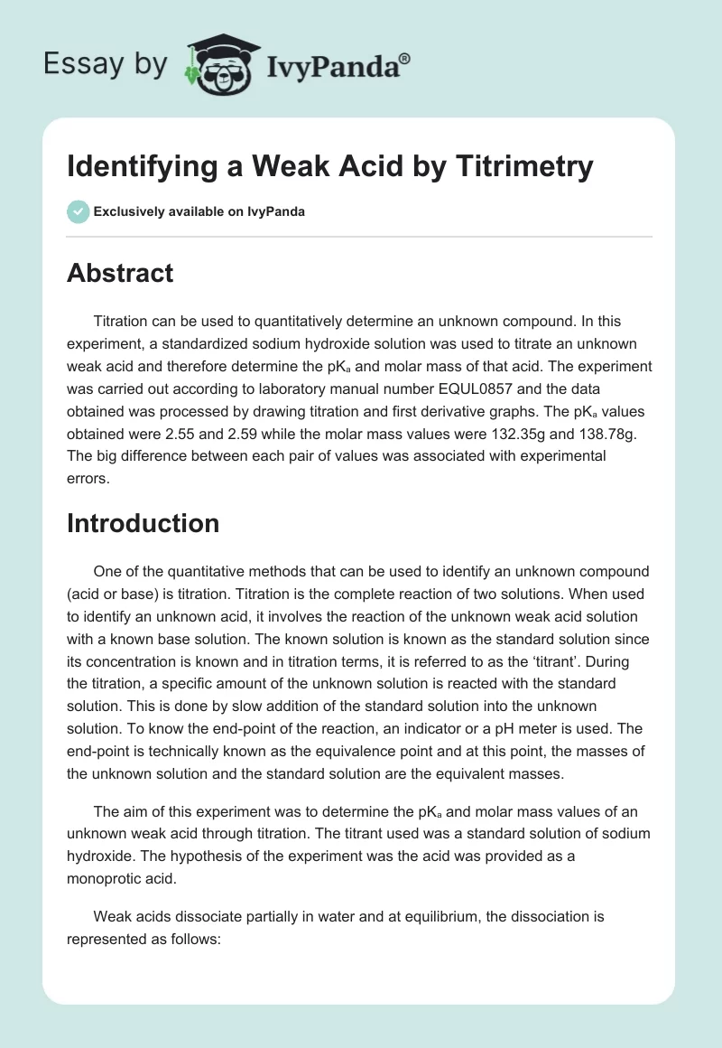 Identifying a Weak Acid by Titrimetry. Page 1
