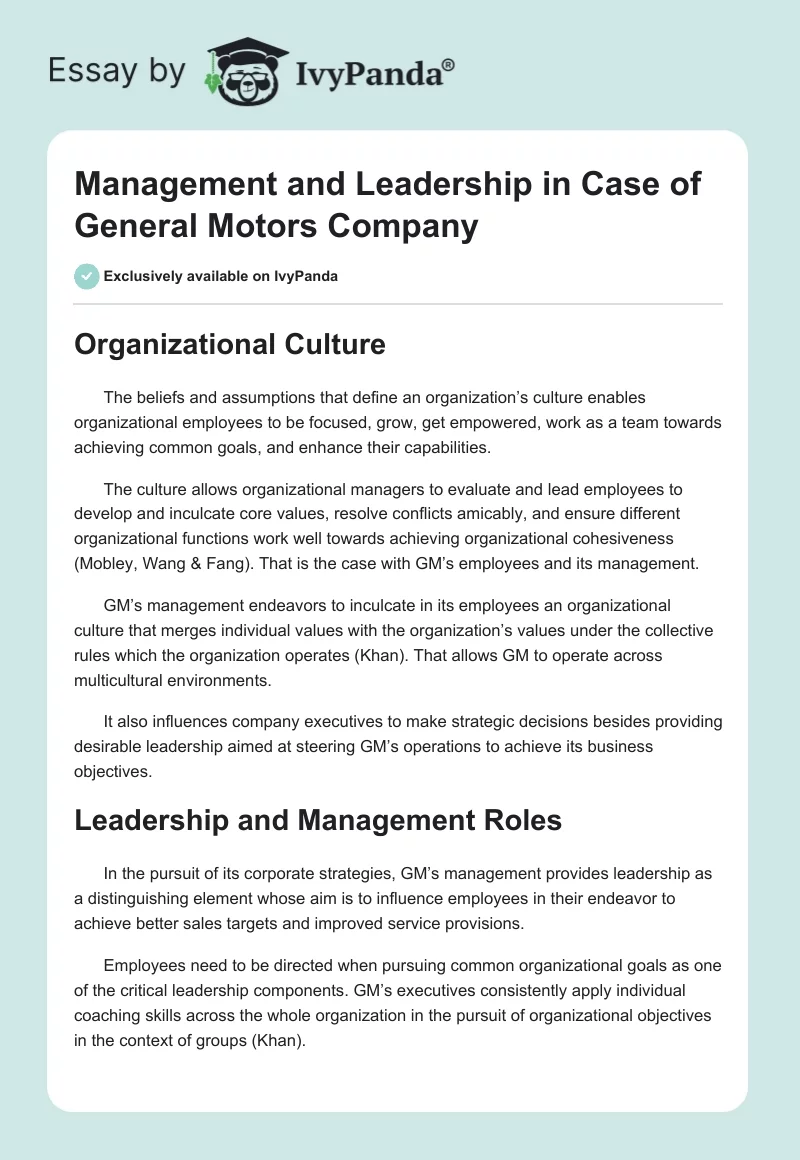 Management and Leadership in Case of General Motors Company. Page 1