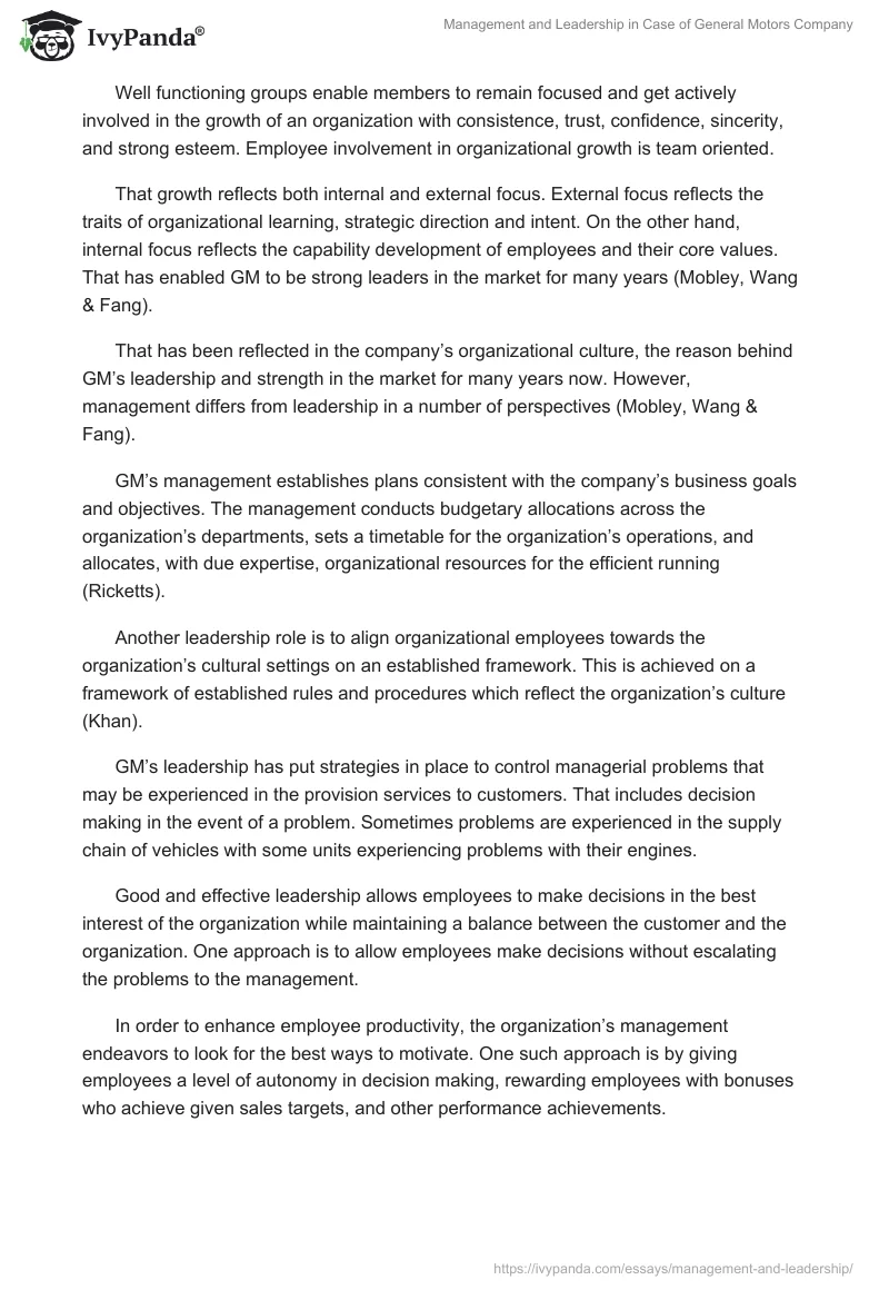 Management and Leadership in Case of General Motors Company. Page 2