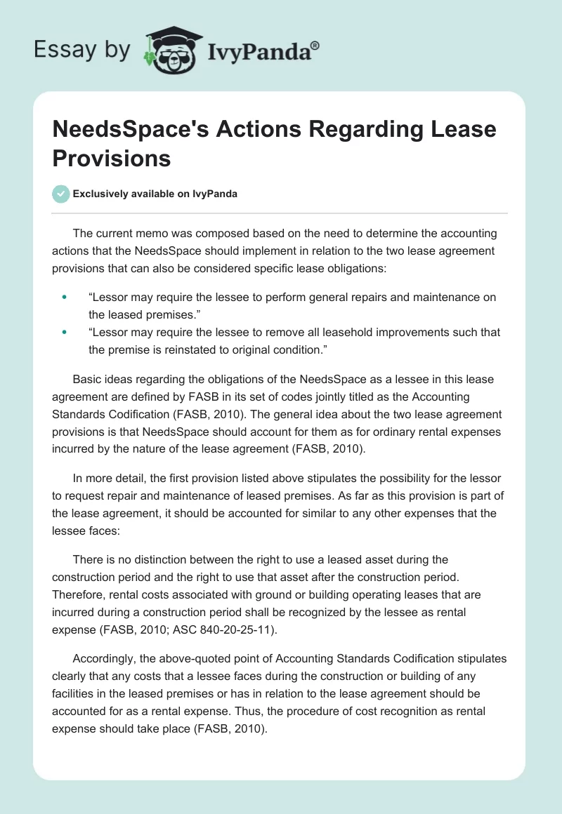 NeedsSpace's Actions Regarding Lease Provisions. Page 1