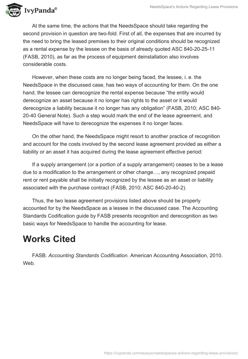 NeedsSpace's Actions Regarding Lease Provisions. Page 2