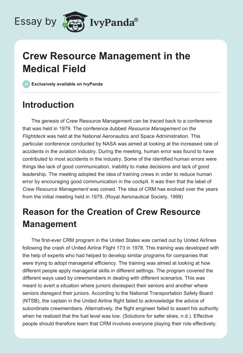 Crew Resource Management in the Medical Field. Page 1