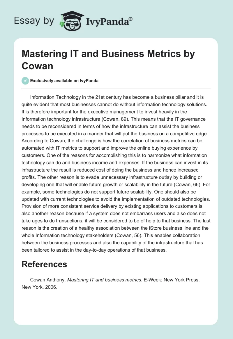 "Mastering IT and Business Metrics" by Cowan. Page 1