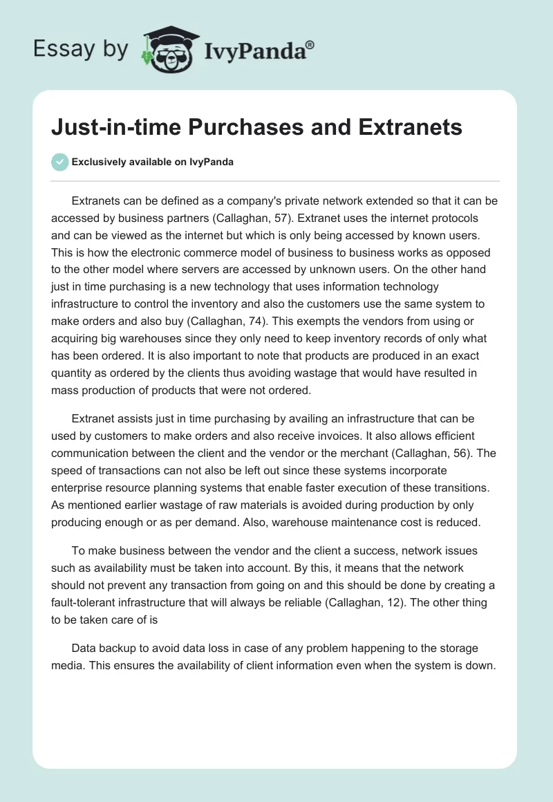 Just-in-time Purchases and Extranets. Page 1
