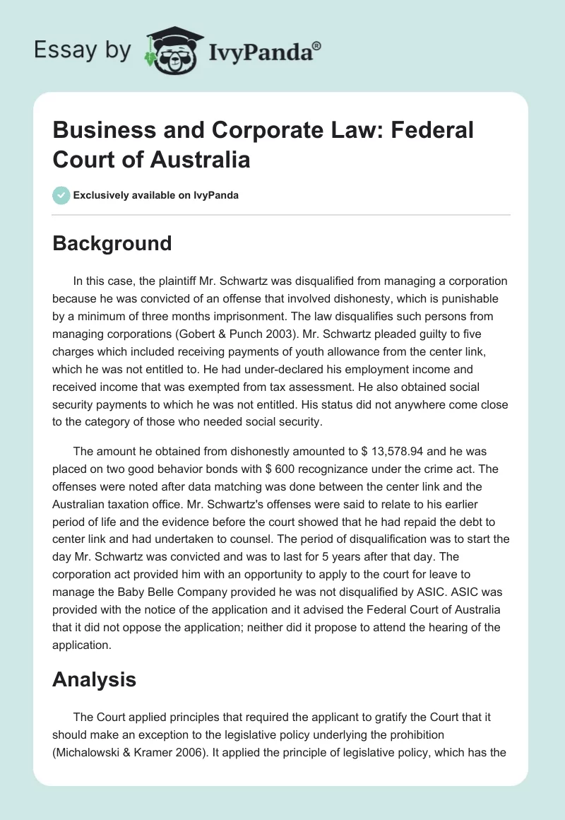 Business and Corporate Law: Federal Court of Australia. Page 1