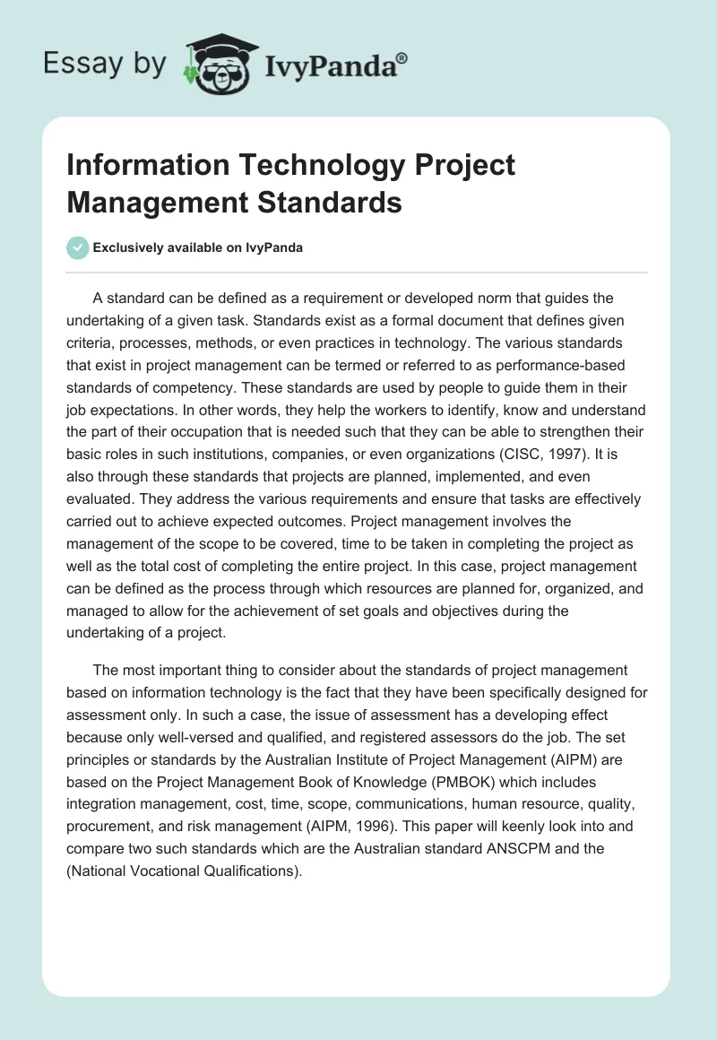 Information Technology Project Management Standards. Page 1