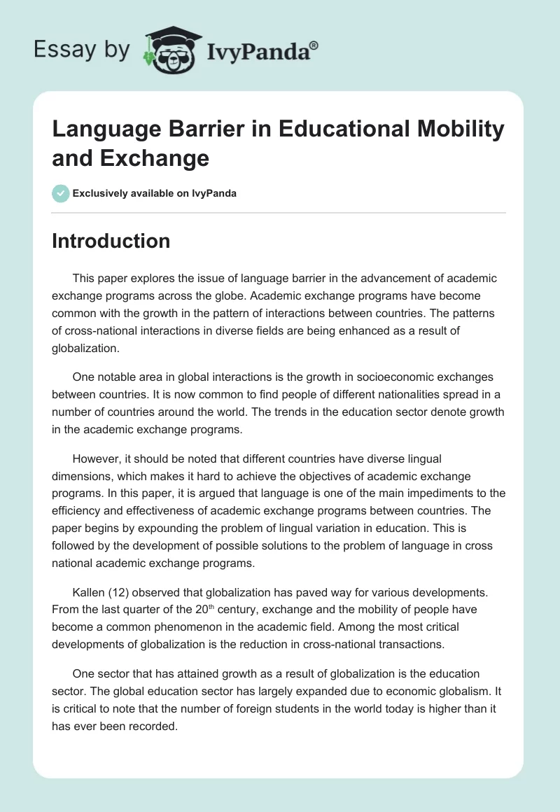 Language Barrier in Educational Mobility and Exchange. Page 1