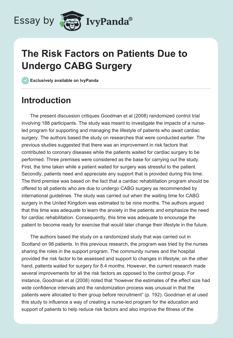 The Risk Factors on Patients Due to Undergo CABG Surgery. Page 1