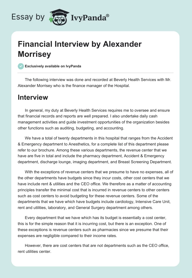 Financial Interview by Alexander Morrisey. Page 1
