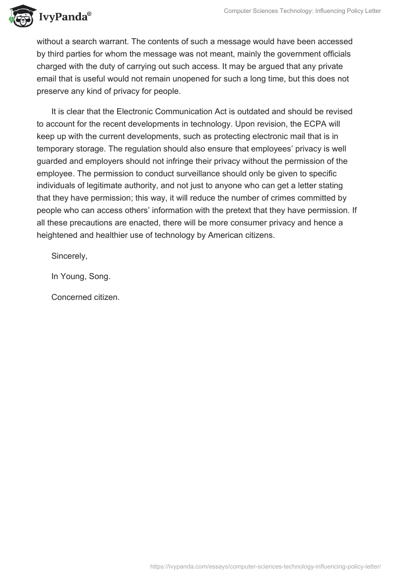 Computer Sciences Technology: Influencing Policy Letter. Page 2