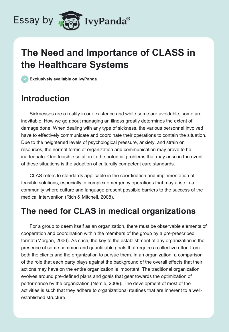 The Need and Importance of CLASS in the Healthcare Systems. Page 1