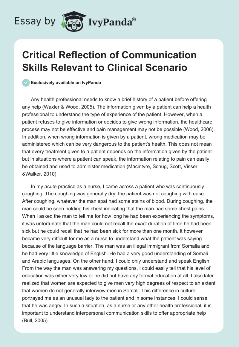 Critical Reflection of Communication Skills Relevant to Clinical Scenario. Page 1