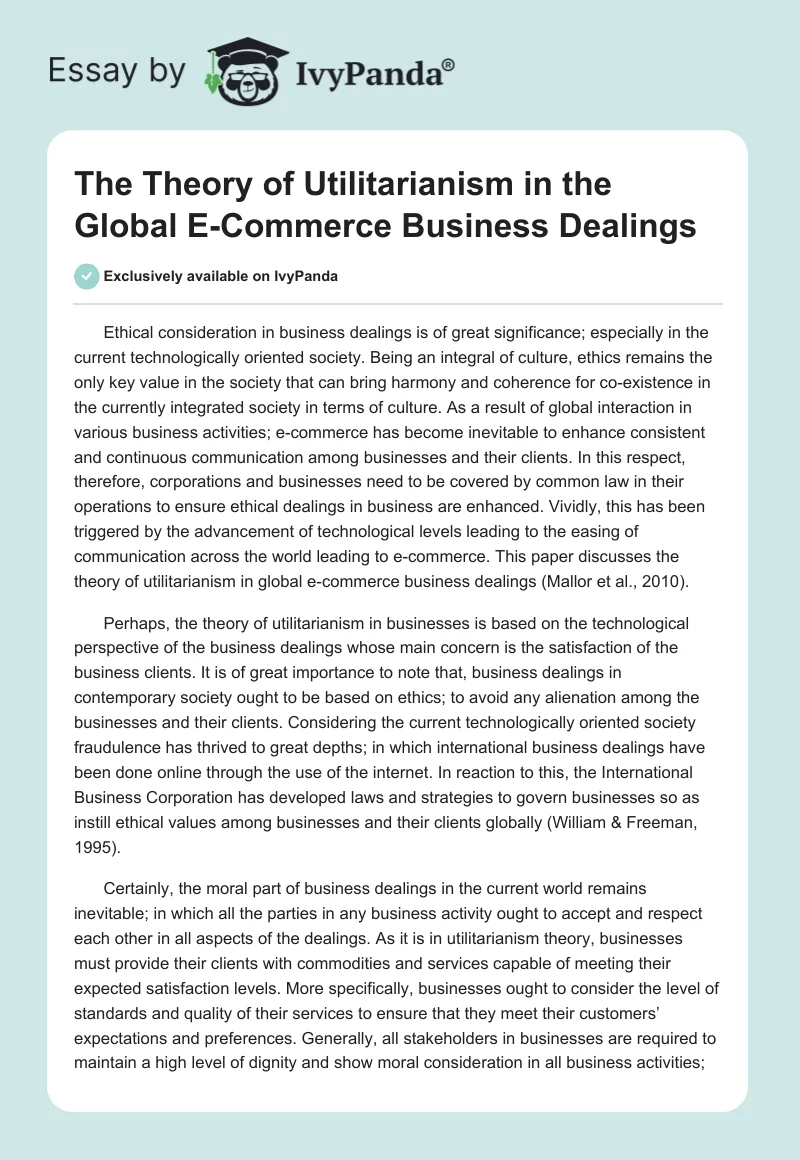 The Theory of Utilitarianism in the Global E-Commerce Business Dealings. Page 1