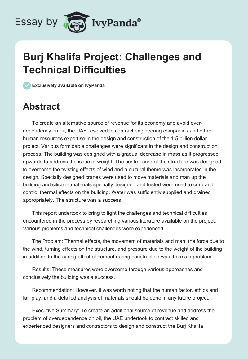 Burj Khalifa Project: Challenges and Technical Difficulties. Page 1