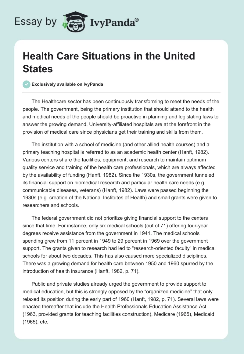 Health Care Situations in the United States. Page 1