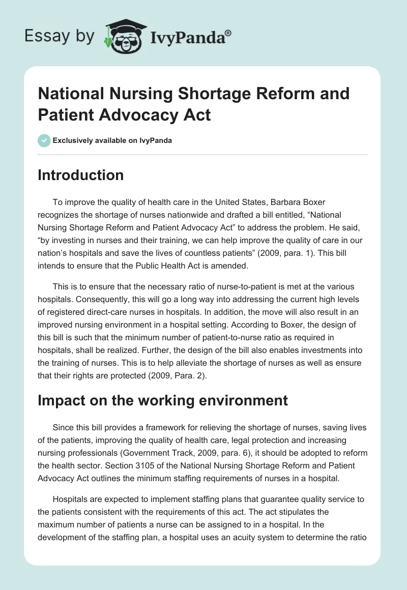 National Nursing Shortage Reform and Patient Advocacy Act. Page 1