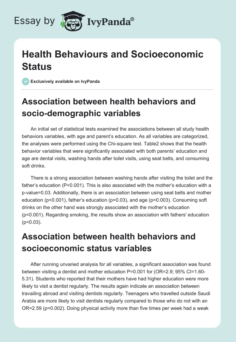 Health Behaviours and Socioeconomic Status. Page 1