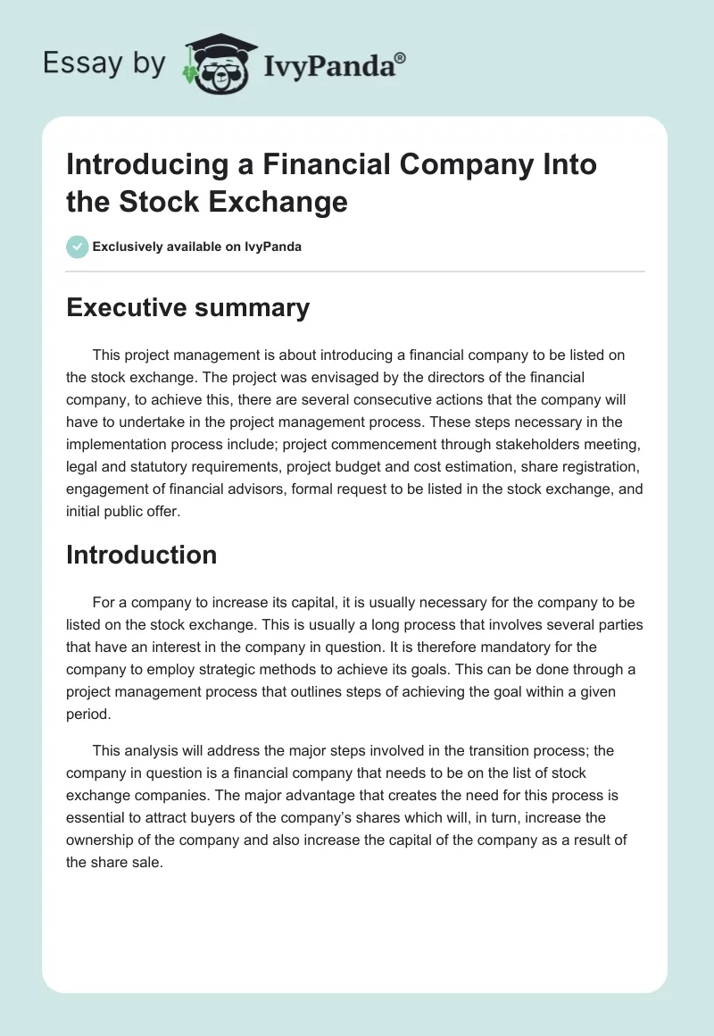 Introducing a Financial Company Into the Stock Exchange. Page 1