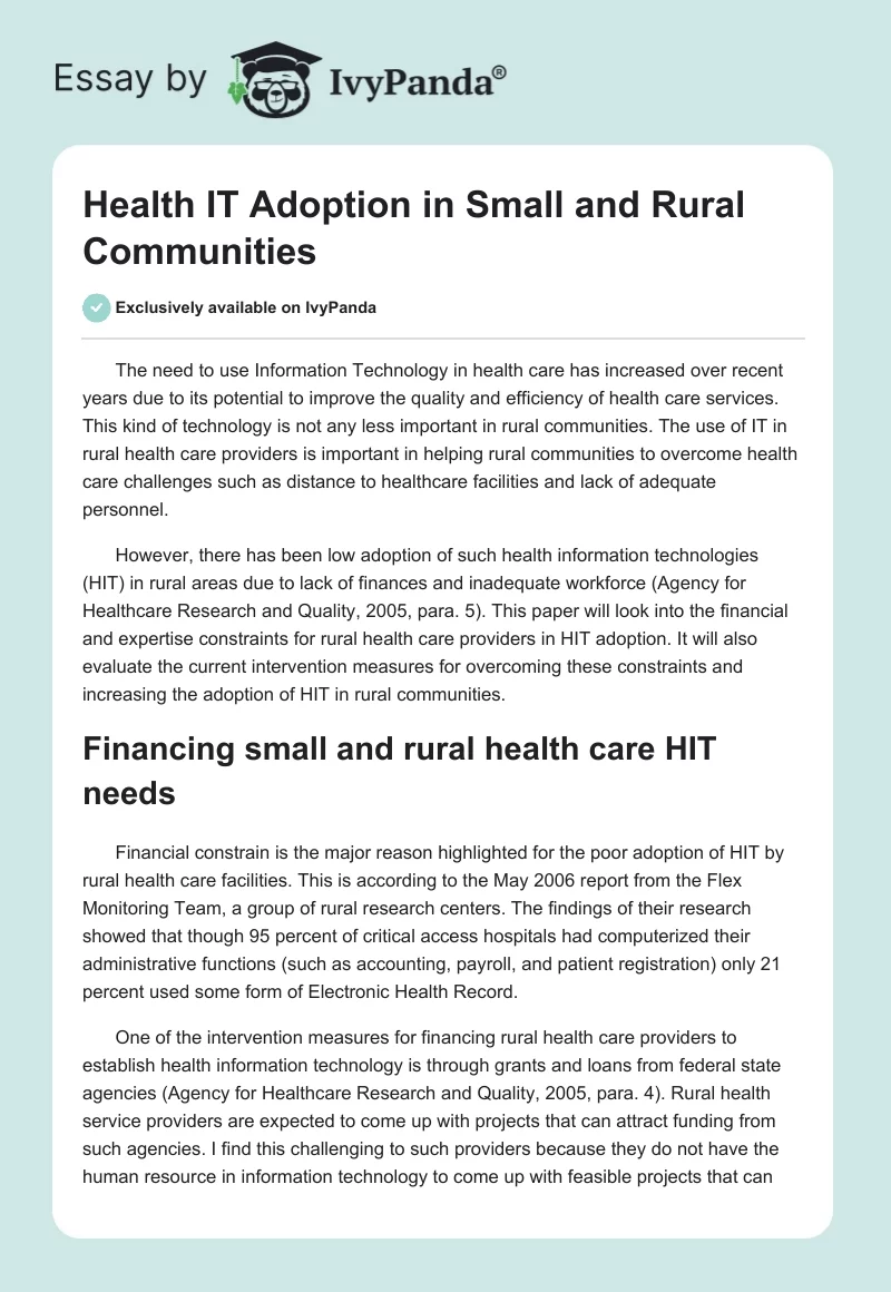 Health IT Adoption in Small and Rural Communities. Page 1