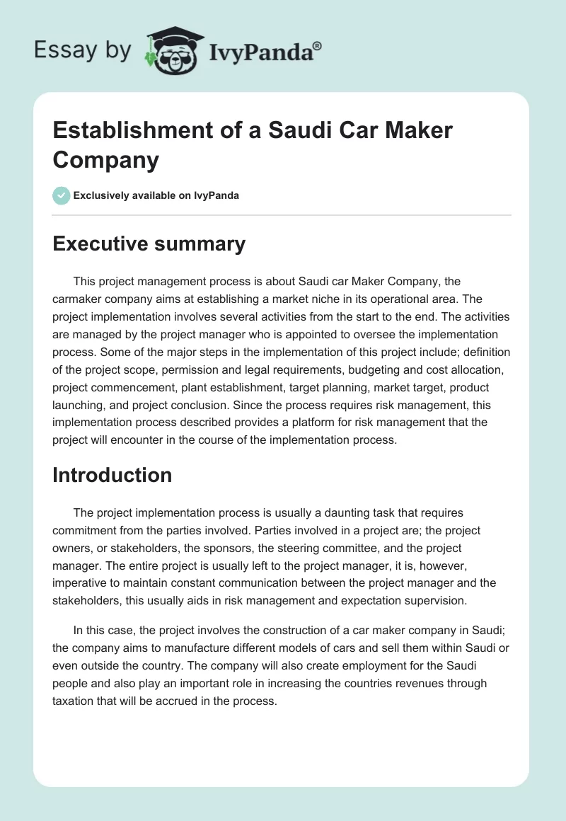 Establishment of a Saudi Car Maker Company. Page 1