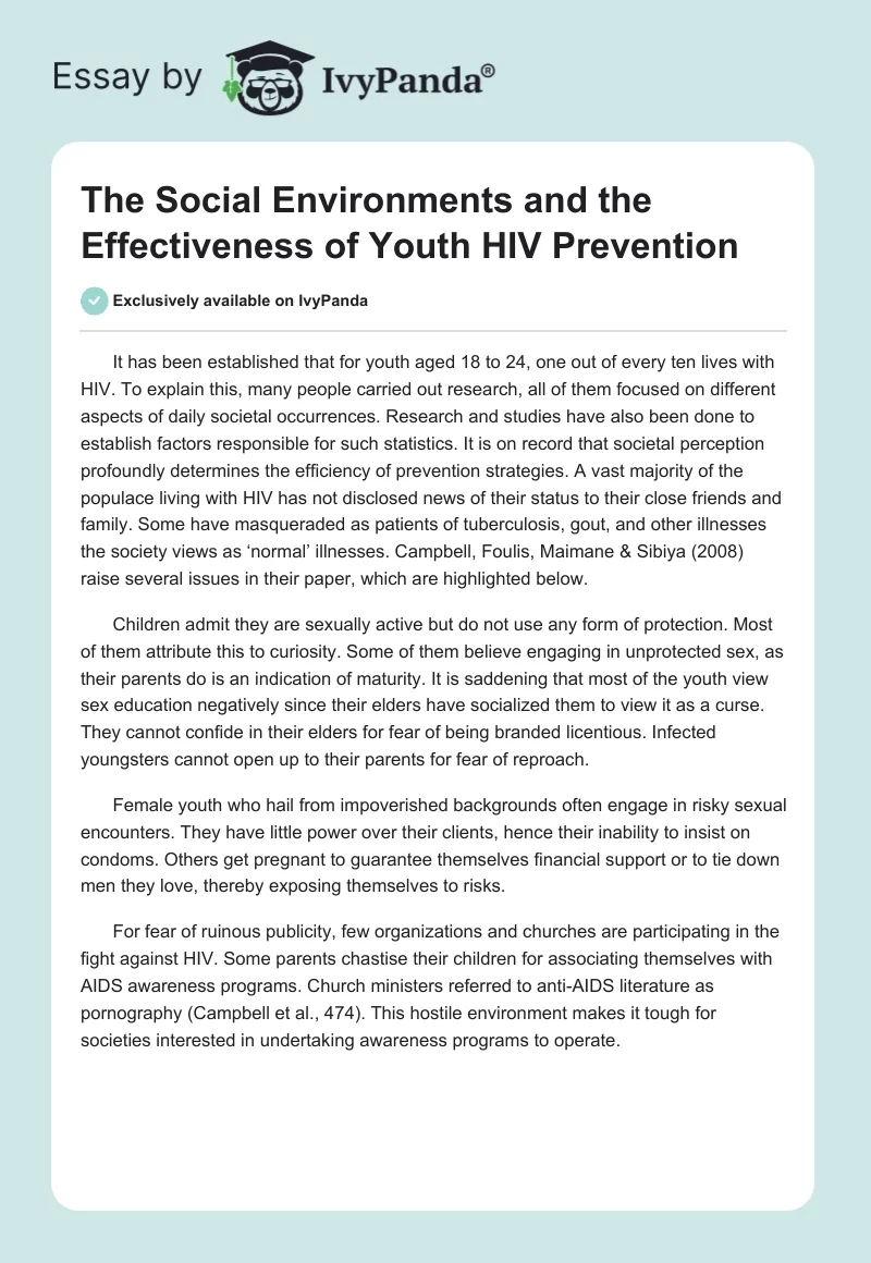 The Social Environments and the Effectiveness of Youth HIV Prevention. Page 1