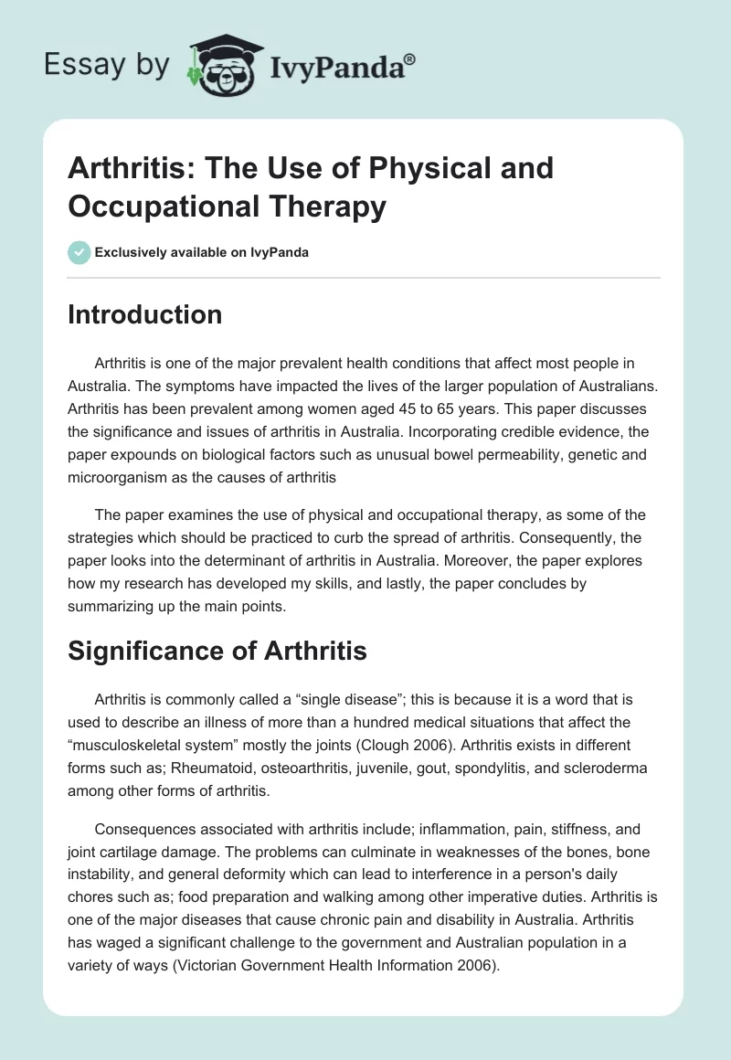 Arthritis: The Use of Physical and Occupational Therapy. Page 1