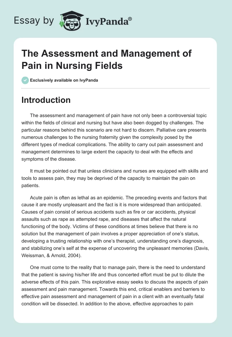 The Assessment and Management of Pain in Nursing Fields. Page 1