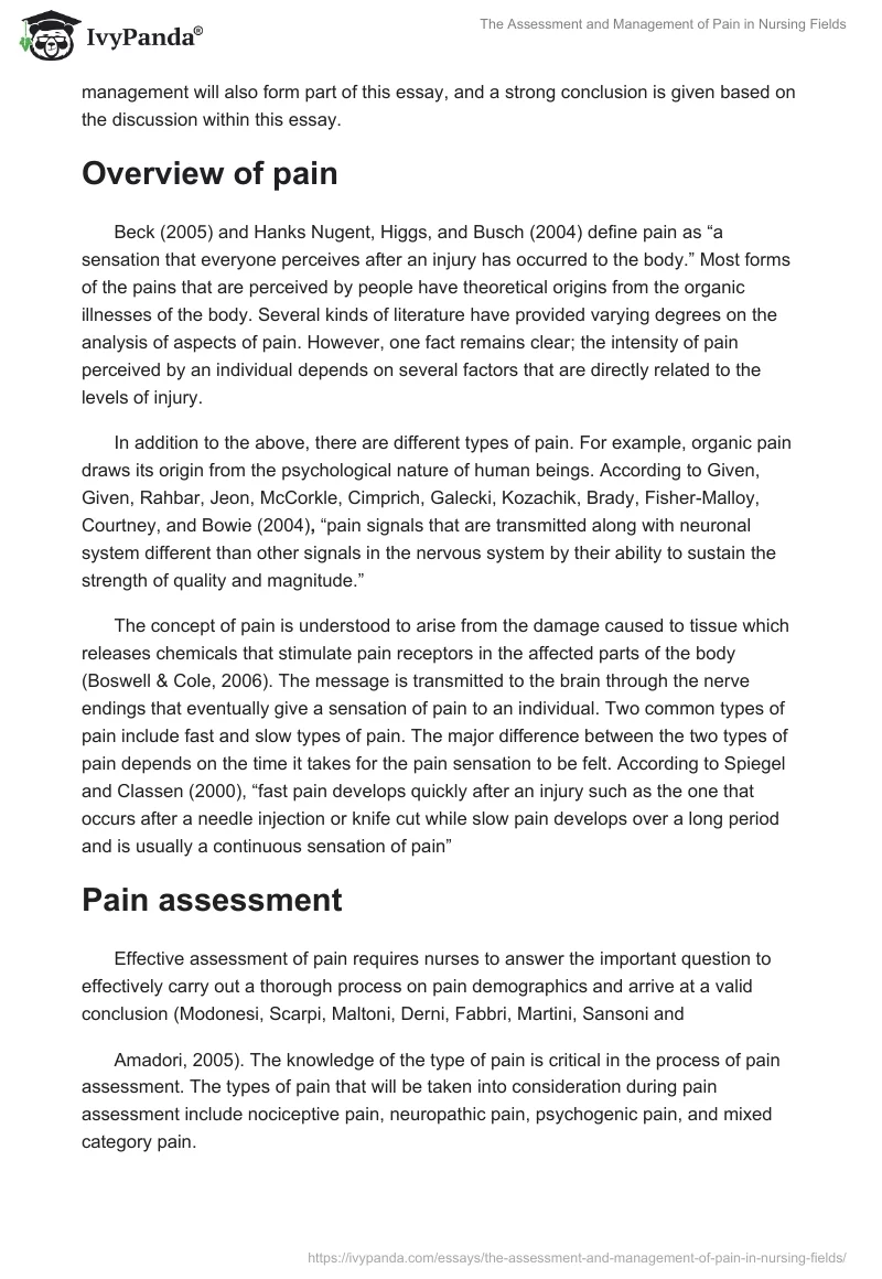 The Assessment and Management of Pain in Nursing Fields. Page 2