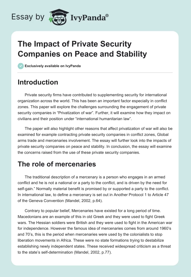 The Impact of Private Security Companies on Peace and Stability. Page 1