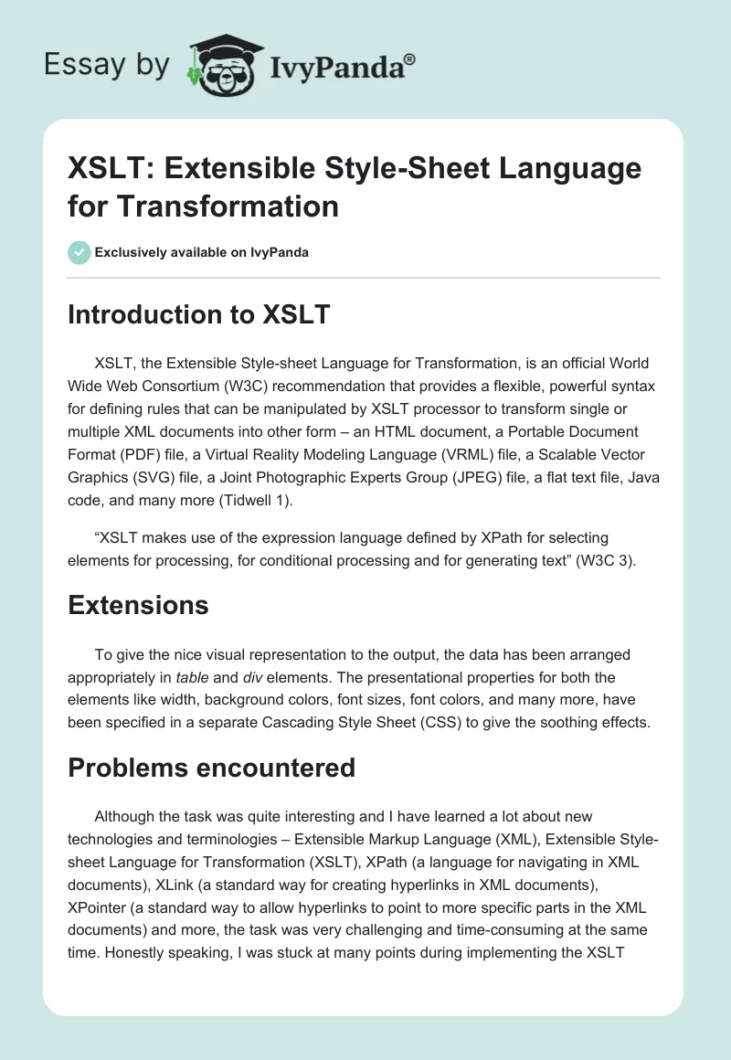 XSLT: Extensible Style-Sheet Language for Transformation. Page 1