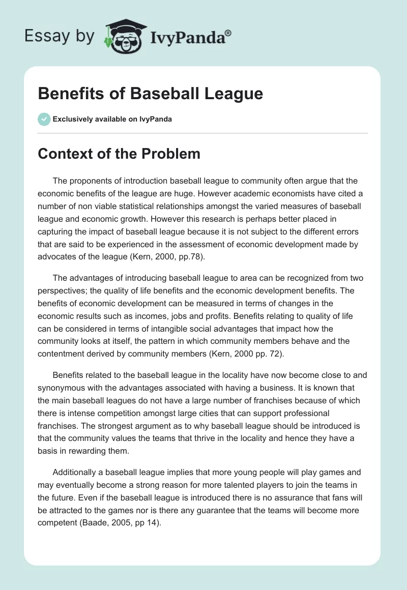 Benefits of Baseball League. Page 1