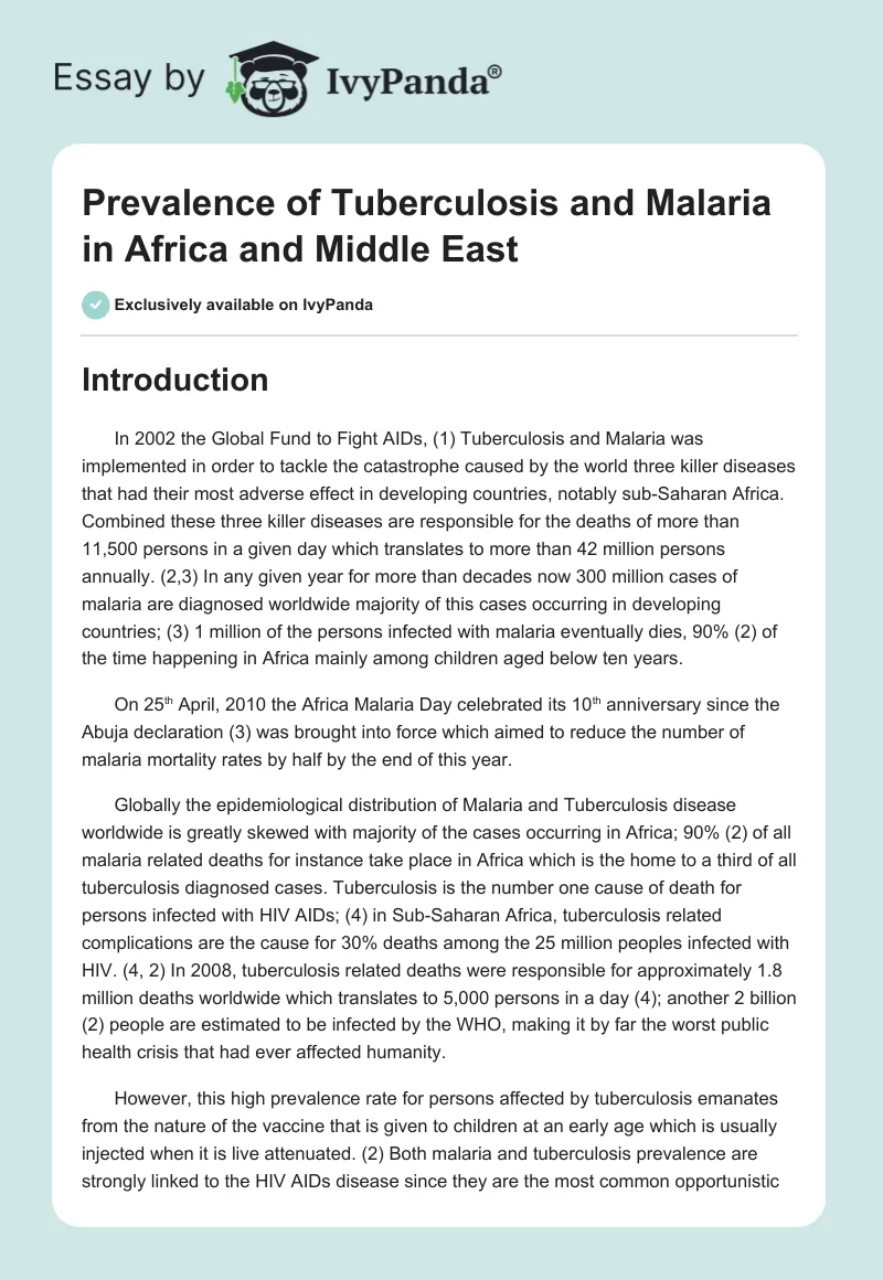 Prevalence of Tuberculosis and Malaria in Africa and Middle East. Page 1