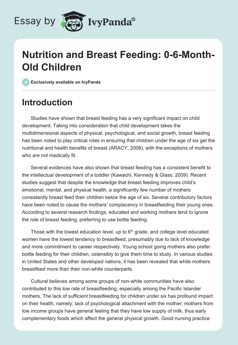 Nutrition and Breast Feeding: 0-6-Month-Old Children. Page 1