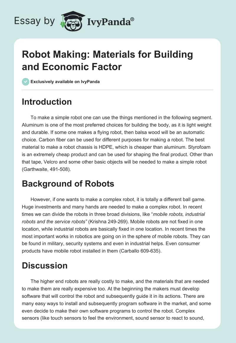 Robot Making: Materials for Building and Economic Factor. Page 1