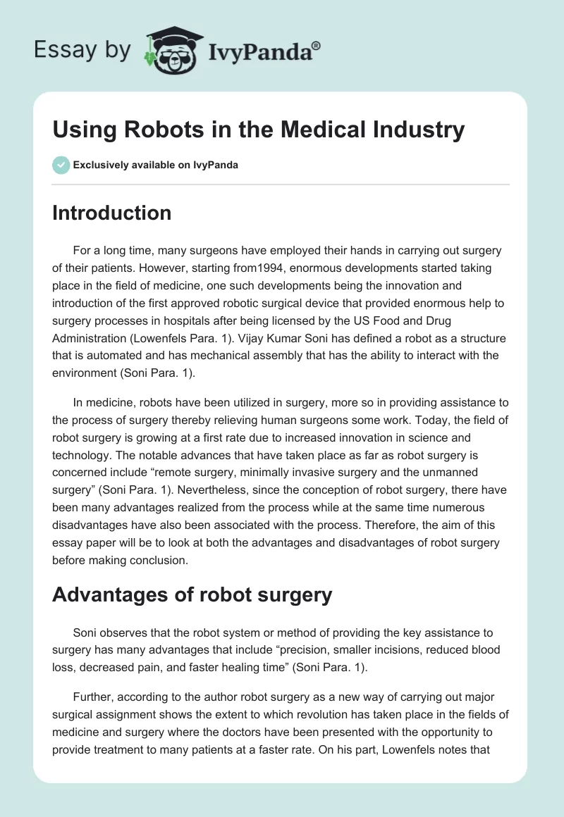 Using Robots in the Medical Industry. Page 1