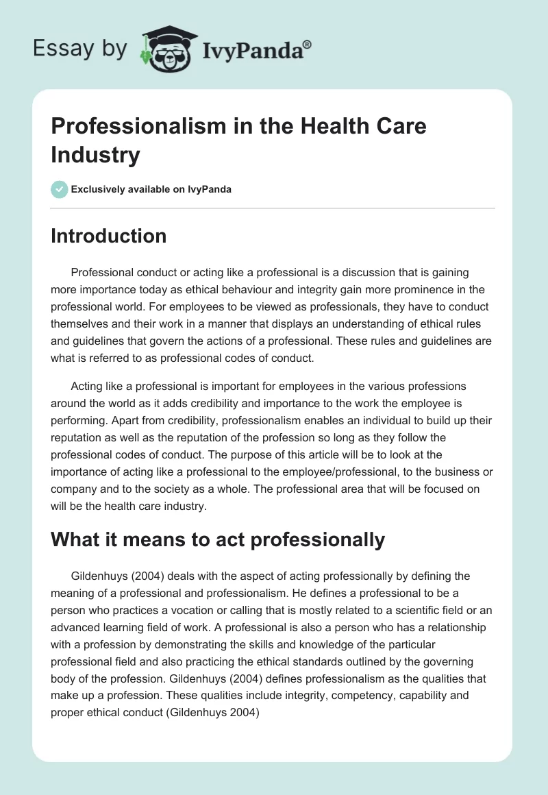 Professionalism in the Health Care Industry. Page 1