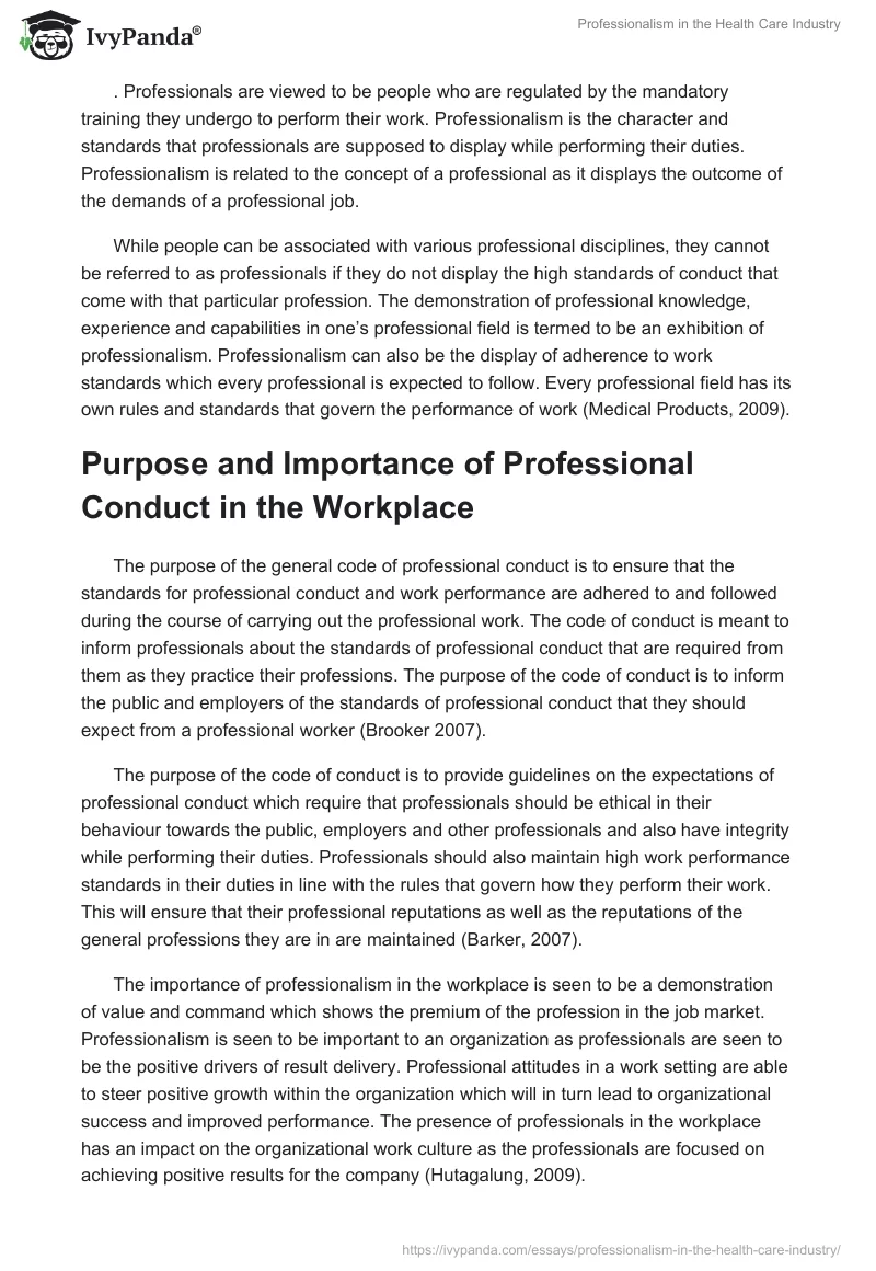 Professionalism in the Health Care Industry. Page 2