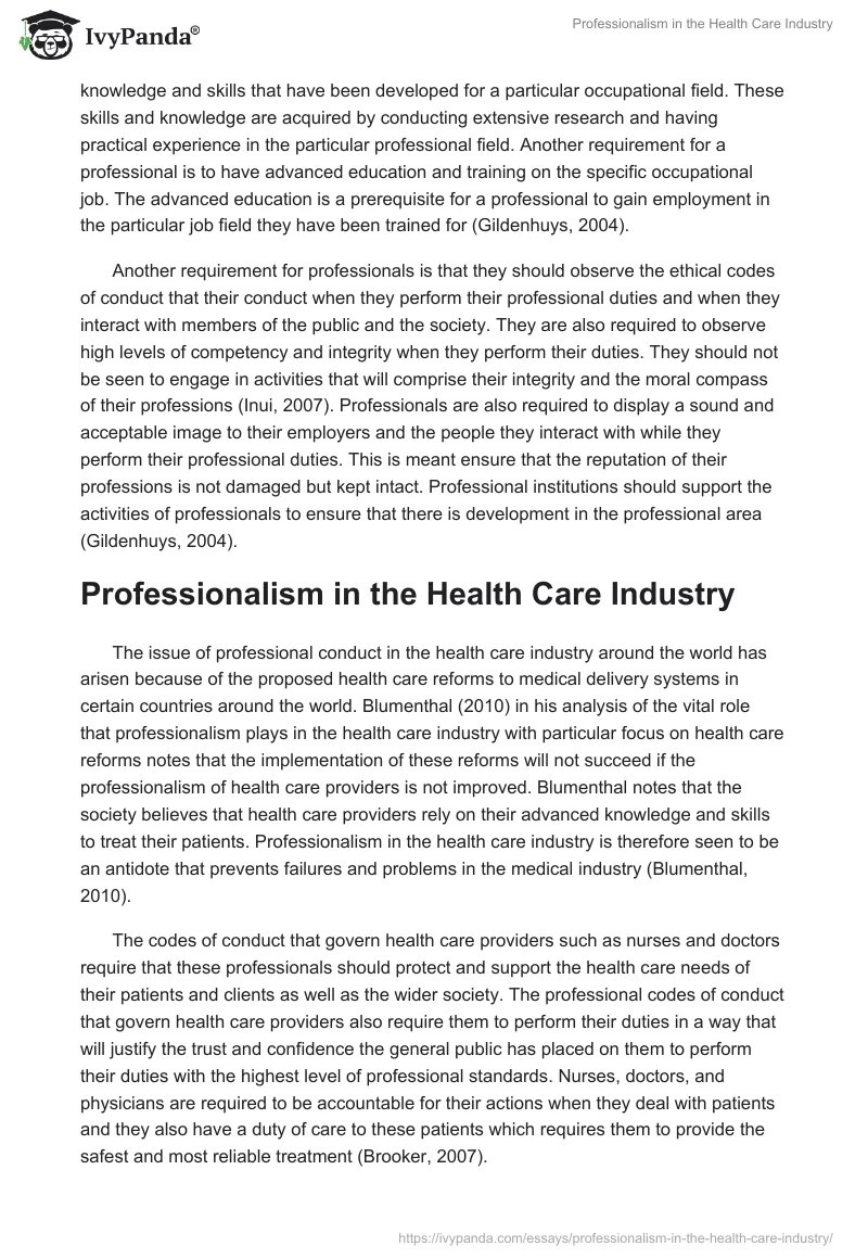 Professionalism In The Health Care Industry 1991 Words Essay Example