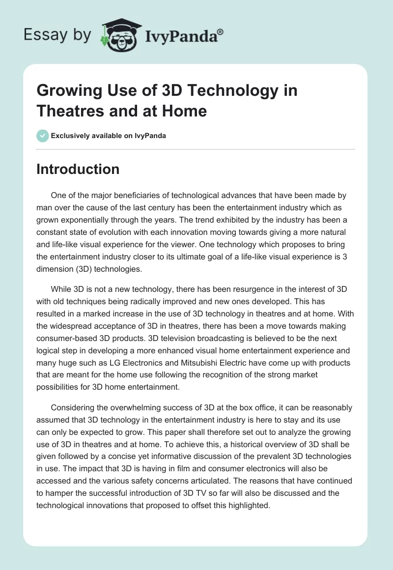 Growing Use of 3D Technology in Theatres and at Home. Page 1