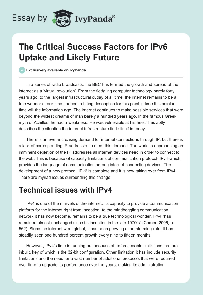 The Critical Success Factors for IPv6 Uptake and Likely Future. Page 1