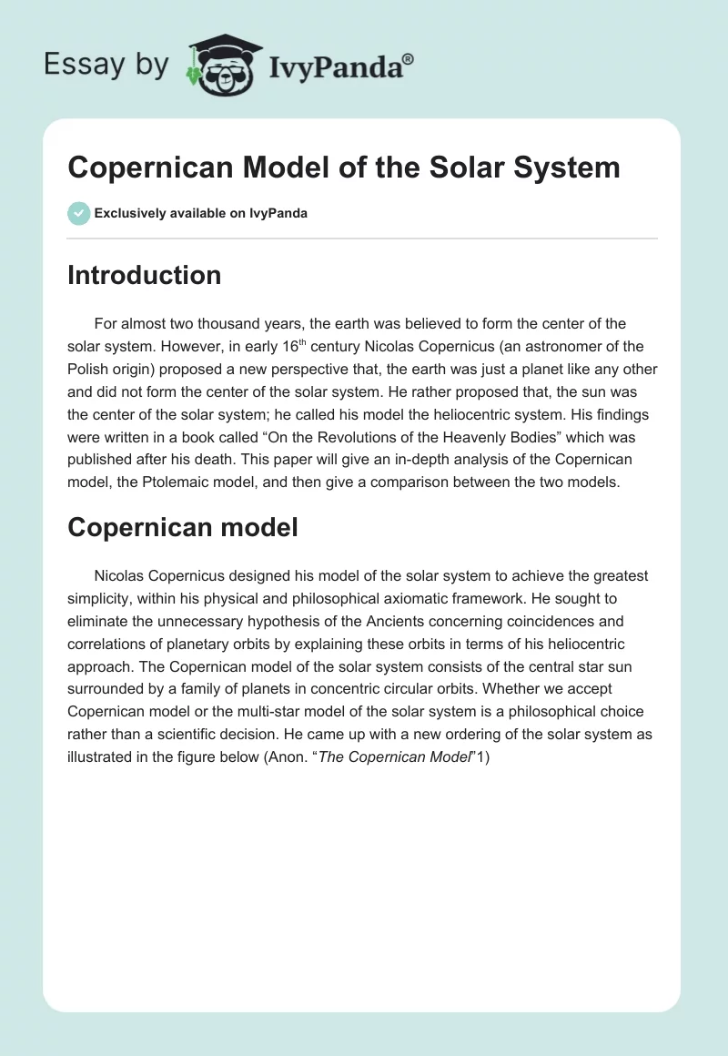 Copernican Model of the Solar System. Page 1