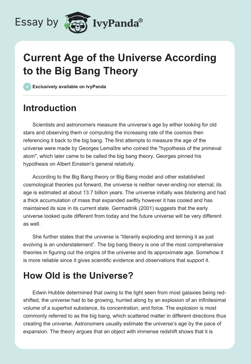 Current Age of the Universe According to the Big Bang Theory. Page 1