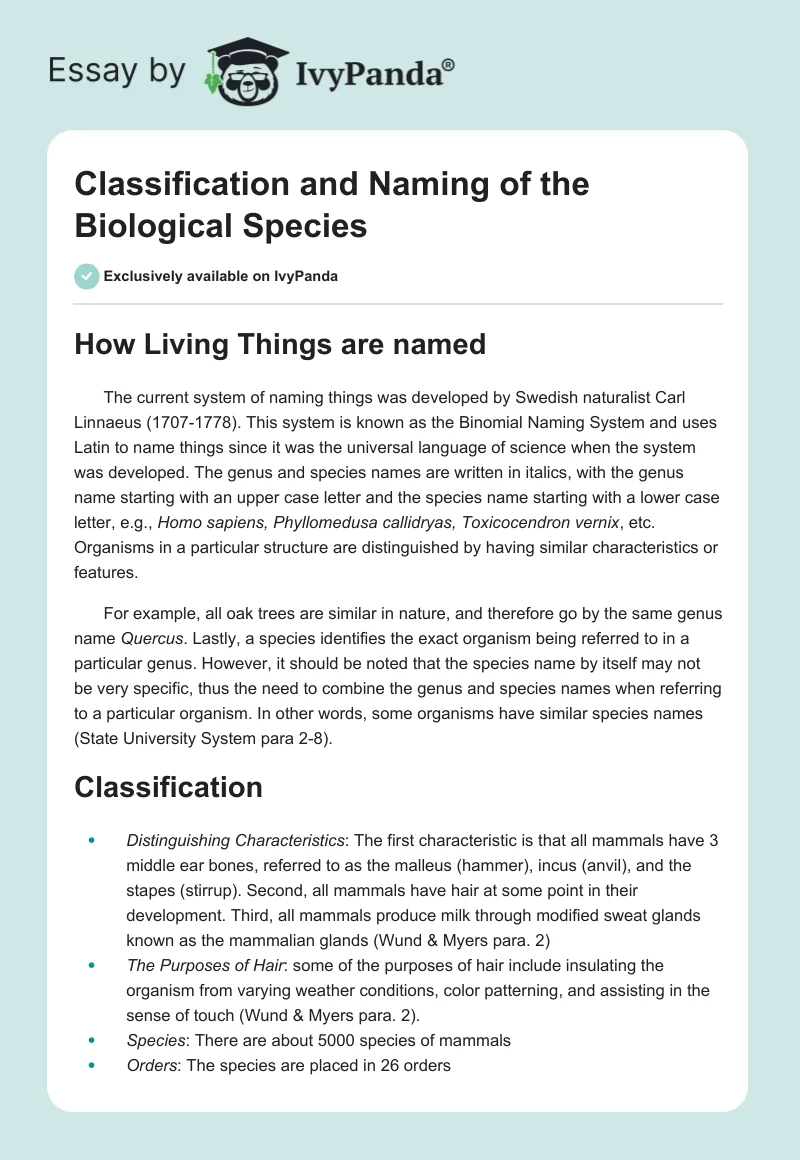 Classification and Naming of the Biological Species. Page 1