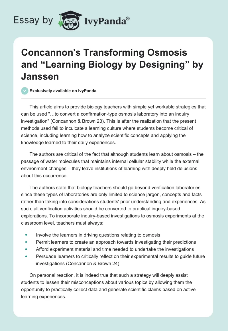 Concannon's "Transforming Osmosis" and “Learning Biology by Designing” by Janssen. Page 1