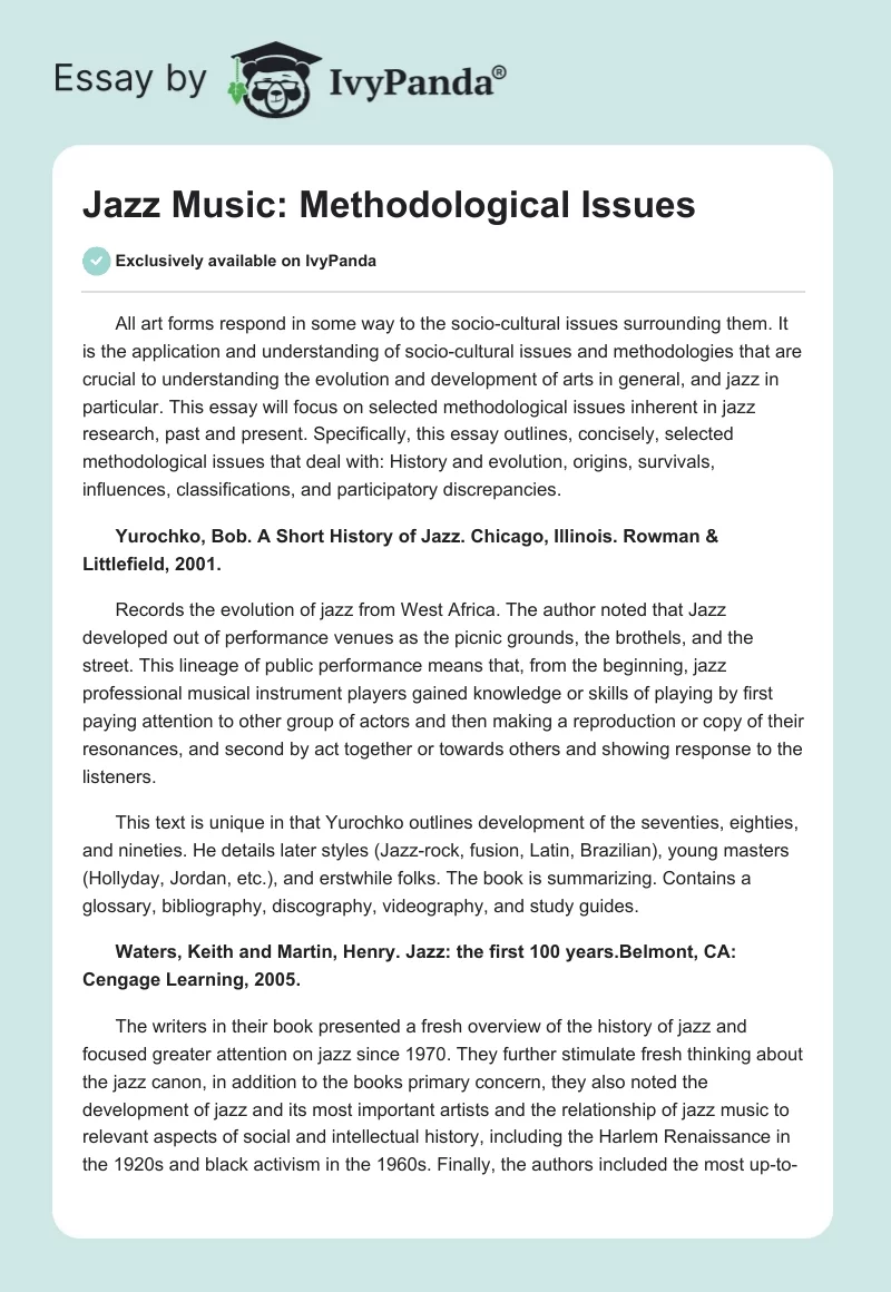 Jazz Music: Methodological Issues. Page 1