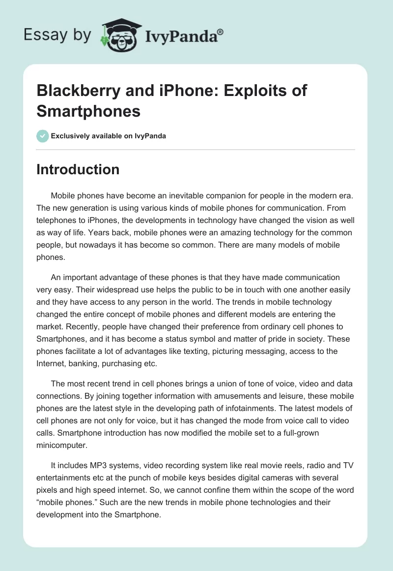 Blackberry and iPhone: Exploits of Smartphones. Page 1