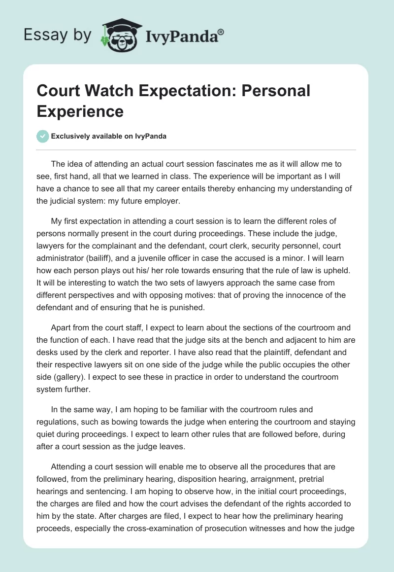 Court Watch Expectation: Personal Experience. Page 1