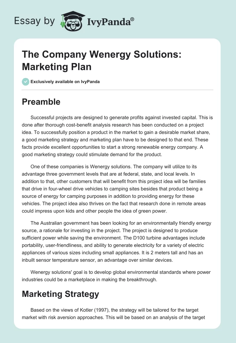 The Company Wenergy Solutions: Marketing Plan. Page 1