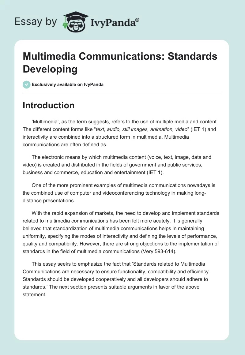 Multimedia Communications: Standards Developing. Page 1