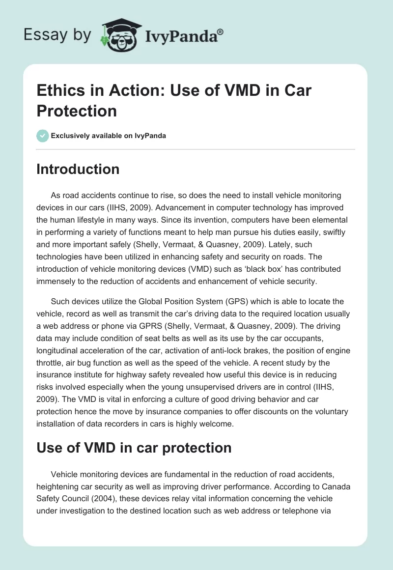 Ethics in Action: Use of VMD in Car Protection. Page 1